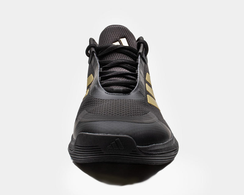 Adidas Bounce Legends shoes in black with gold accents, featuring mesh upper and lace-up design, front view.