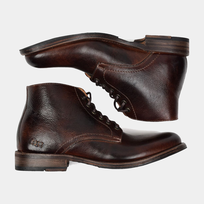 Bed Stu Bradley boots in rich brown leather with distressed finish, lace-up design, and stacked wooden heel, side view.