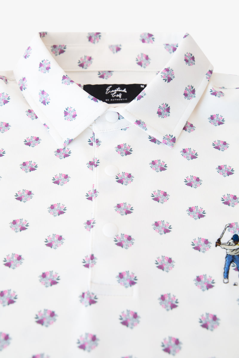Bright White Snap Placket Polo - Floral Cluster