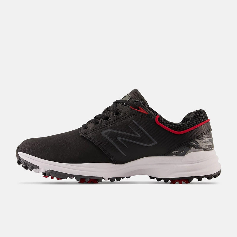 New Balance Golf Brighton Golf shoes in black with gray camo accents, red trim, and spiked sole for traction, side view.