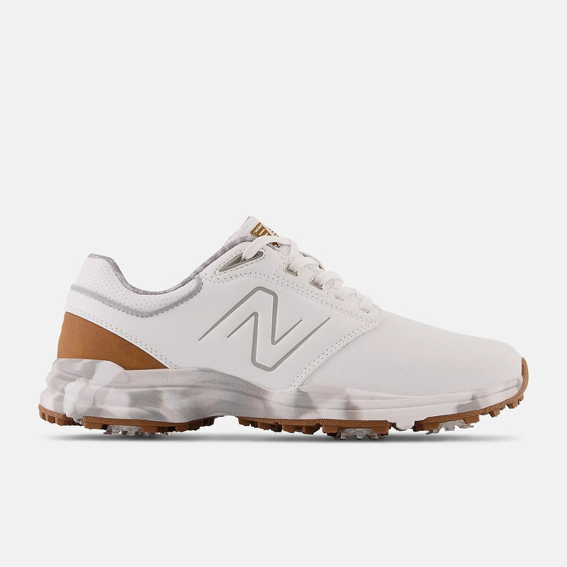 New Balance Golf Brighton Golf shoes in white with tan accents, spikeless outsole, and breathable synthetic upper, side view.
