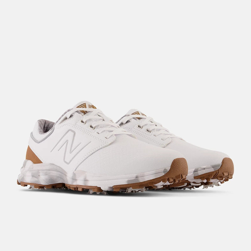 New Balance Golf Brighton Golf shoes in white with brown accents, featuring spikeless outsole and breathable upper, front-side view.