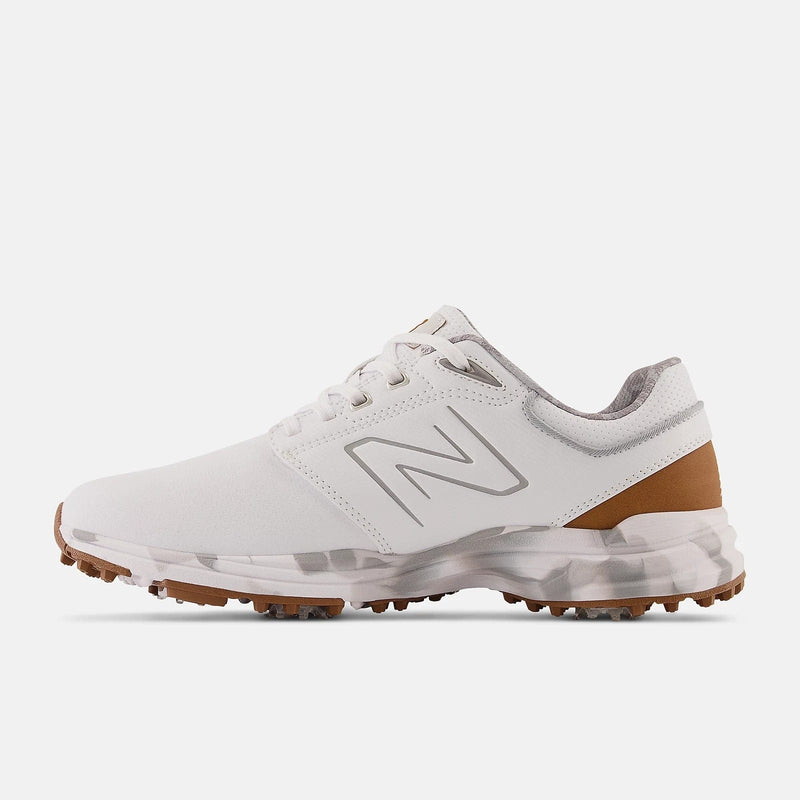 New Balance Golf Brighton Golf shoes in white with tan accents, spikeless outsole, and breathable upper, side view.