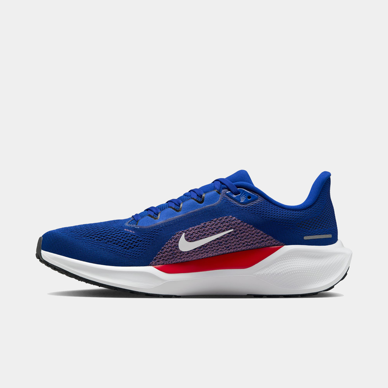 Nike Buffalo Bills Pegasus 41 running shoes featuring a blue mesh upper, red midsole accent, and white outsole, side view.
