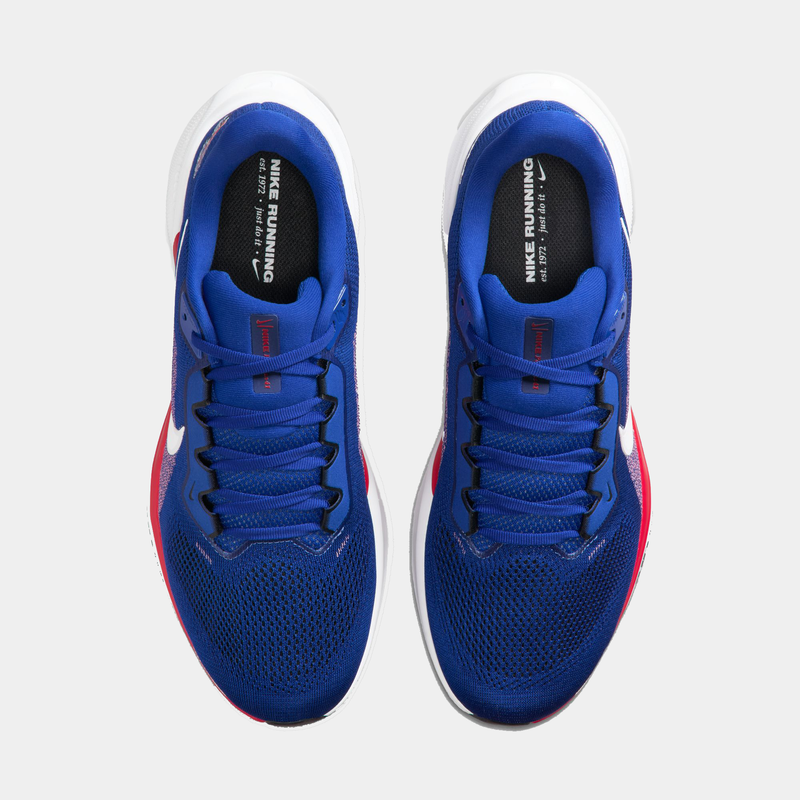 Nike Buffalo Bills Pegasus 41 running shoes with blue mesh upper, red accents, and white sole, top view showing laces and branding.