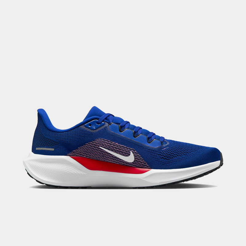 Nike Buffalo Bills Pegasus 41 running shoes in royal blue with red accents, mesh upper, and white midsole, side view.