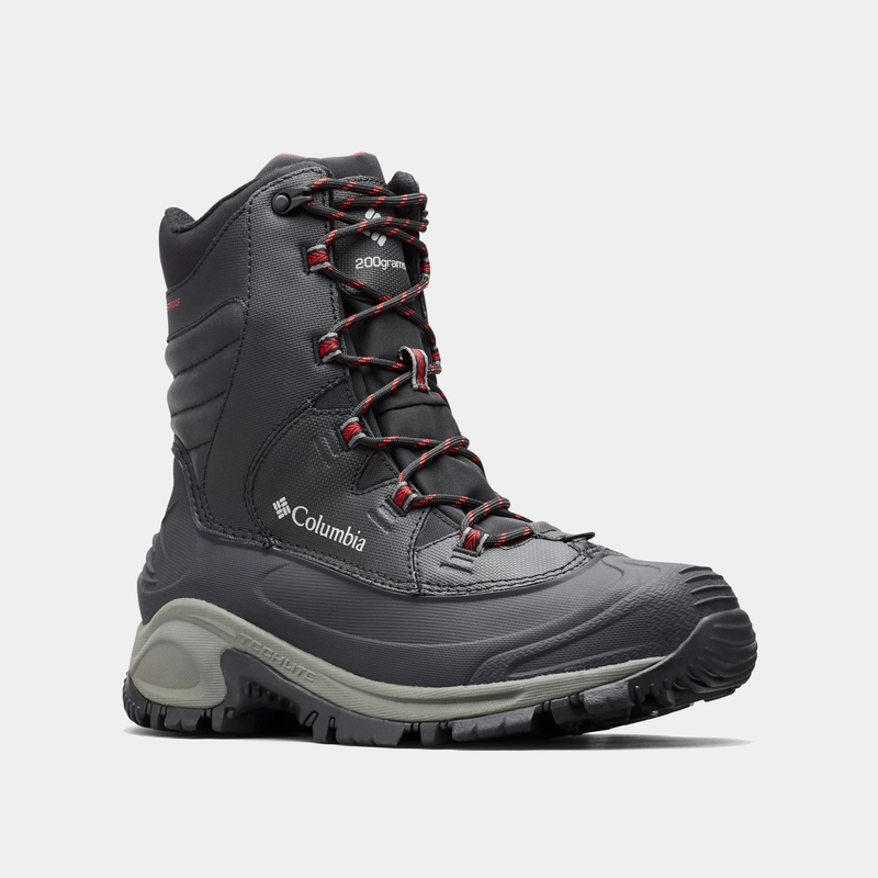 Columbia Bugaboot III winter boots in black with red laces, waterproof construction and Techlite midsole, front angle view.