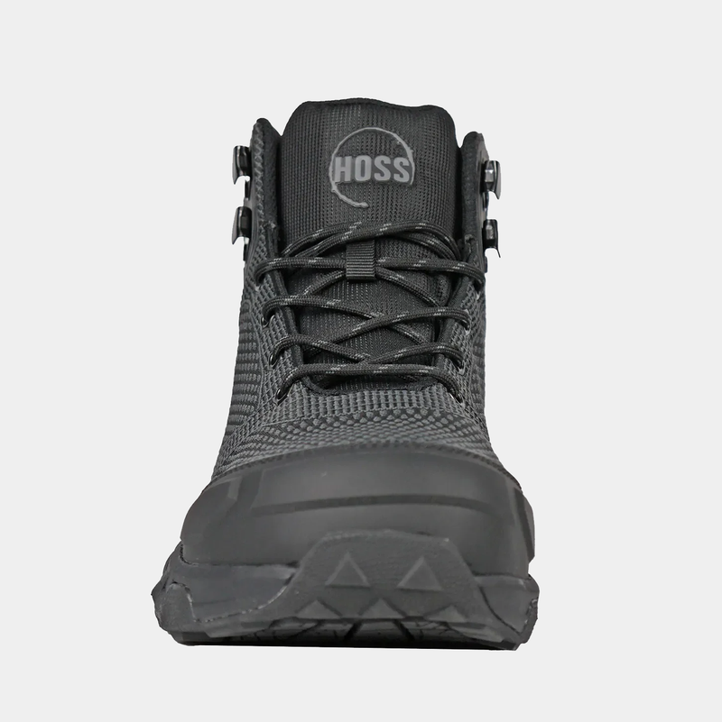 Hoss Buster Hi Comp Toe Boot in black with a textured mesh upper, composite toe, and rugged outsole, front view.