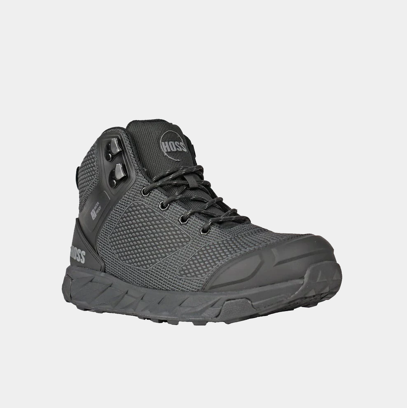 Hoss Buster Hi Comp Toe Boot in black with mesh upper, composite toe, and durable outsole, front-side view.