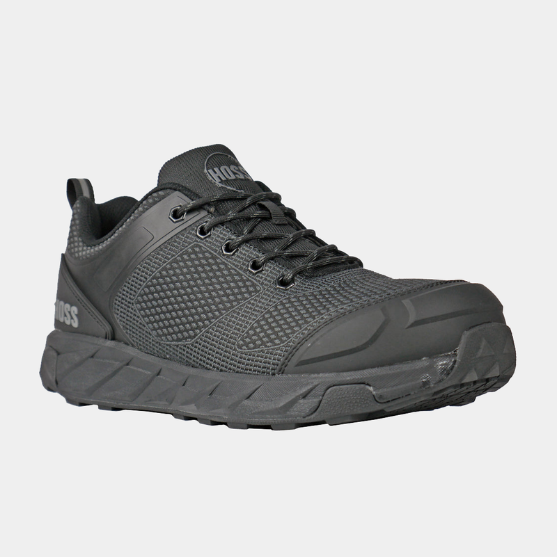 Hoss Buster Low work shoes in all-black with textured mesh upper, sturdy rubber outsole, lace-up design, and reinforced toe, front angle view.