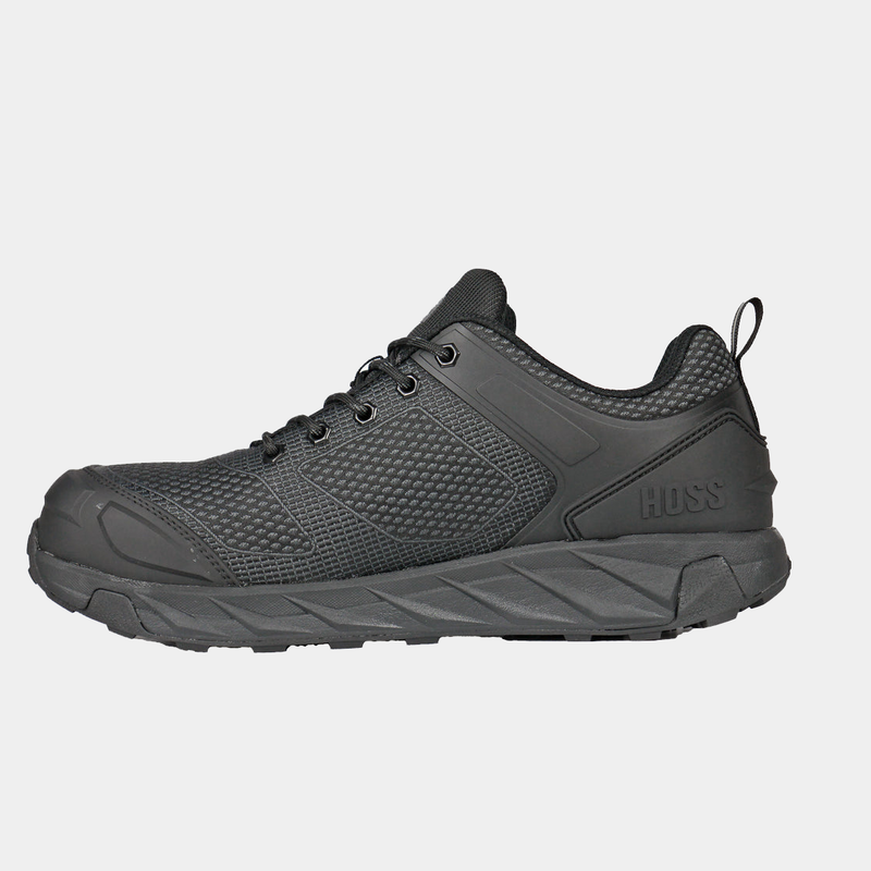 Hoss Buster Low work shoes in black with durable mesh upper, reinforced toe, and textured outsole, side view.