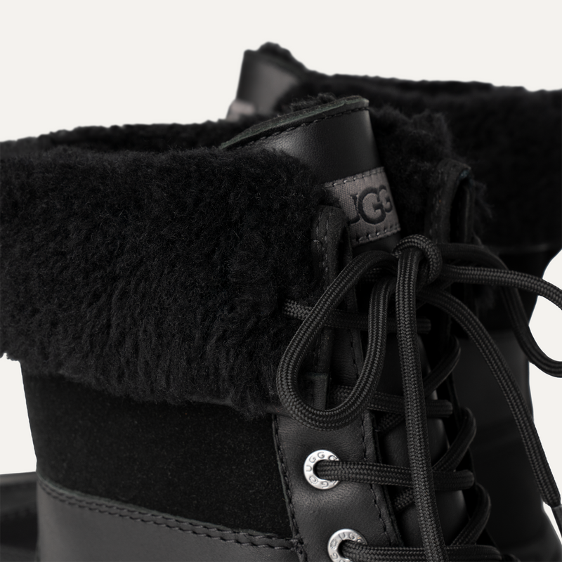 UGG Butte boots in black with waterproof leather, suede upper, and plush sheepskin collar, close-up view.