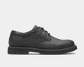 Dunham Byrne Oxford shoes in matte black leather with metal eyelets, padded collar, and rugged lug sole, side view.