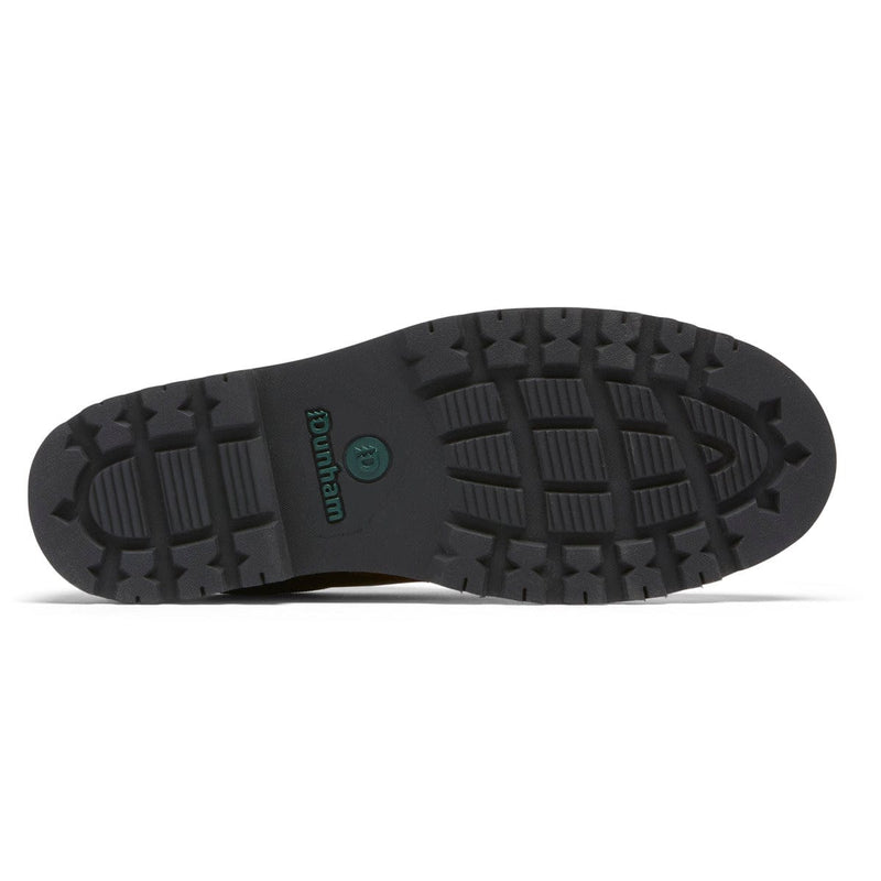 Dunham Byrne Oxford shoe outsole, black rubber with deep tread patterns for traction, sole view.