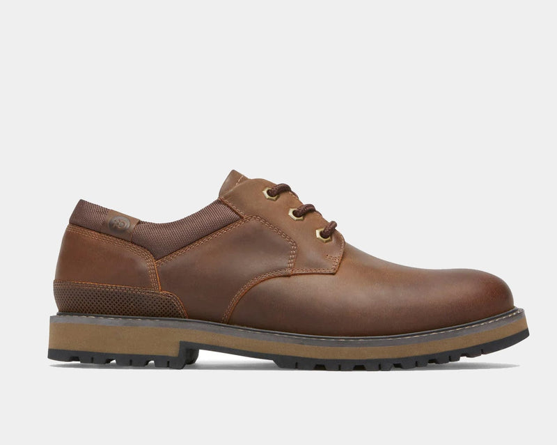 Dunham Byrne Oxford shoes in brown leather with textured heel and rugged outsole, side view.