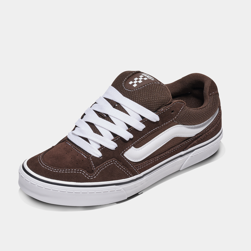 Vans Caldrone sneakers in brown suede with white side stripe, white laces, and durable rubber sole, angled side-front view.