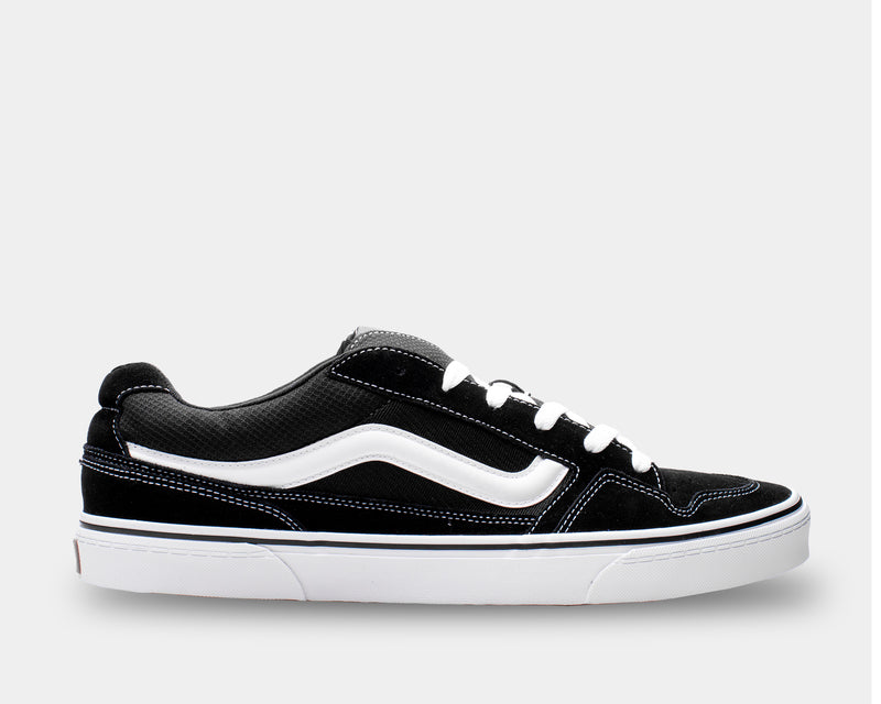 Vans Caldrone sneakers in black with suede and mesh upper, white leather side stripe, and white rubber outsole, side view