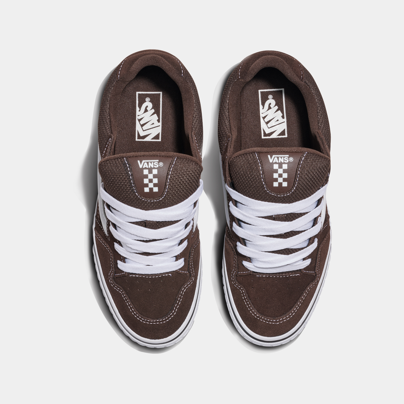 Vans Caldrone sneakers in dark brown with white laces, suede and mesh upper, top view showing Vans logo detail.
