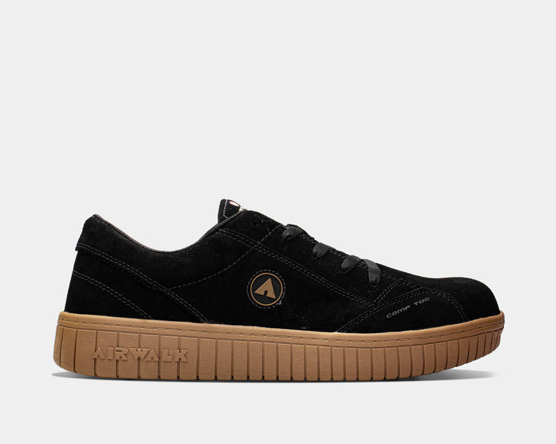 Airwalk Camino Composite Toe Work Sneaker in black with suede upper, composite toe protection, and tan rubber sole, side view.