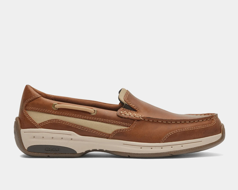 Dunham Captain Venetian slip-on shoes in brown leather with beige mesh accents, detailed stitching, and cushioned sole, side view.