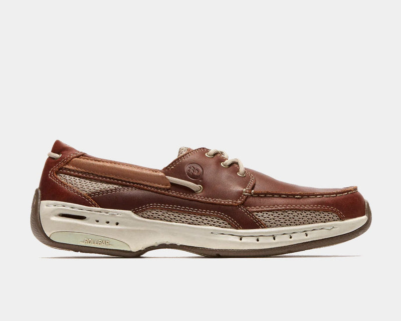 Dunham Captain boat shoes in brown leather with tan mesh panels, white cushioned sole featuring Rollbar technology, side view.