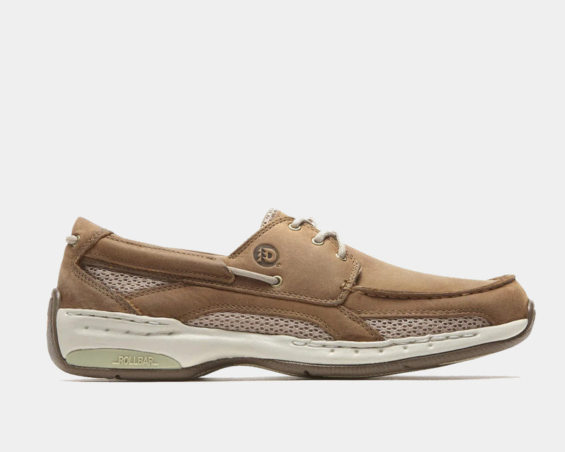 Dunham Captain boat shoes in tan leather and mesh with moc-toe stitching, side view showing Rollbar heel support and white outsole.
