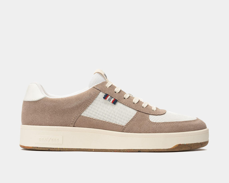 SeaVees Cardinal Sneaker in beige suede and white leather with perforated mesh panels and logo detailing, side view.