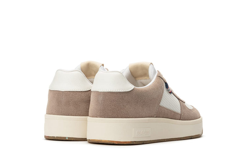 SeaVees Cardinal Sneaker back view, beige suede upper with white leather details, mesh paneling, and textured rubber sole.
