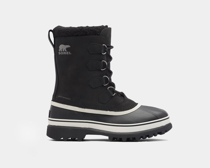 Sorel Caribou Winter Boots in black with waterproof leather, insulated lining, rubber outsole, and lace-up closure, side view.
