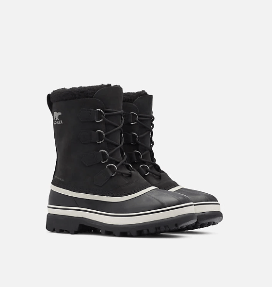 Sorel Caribou Winter Boots in black with waterproof leather upper, lace-up closure, and rubber outsole, side angle view.