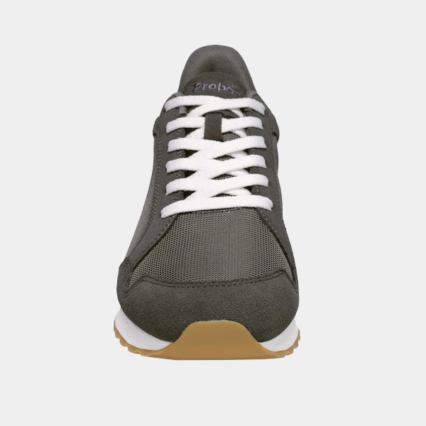 Propét Carmine Step In Sneakers in dark gray with white laces, mesh upper, and suede accents, front view.