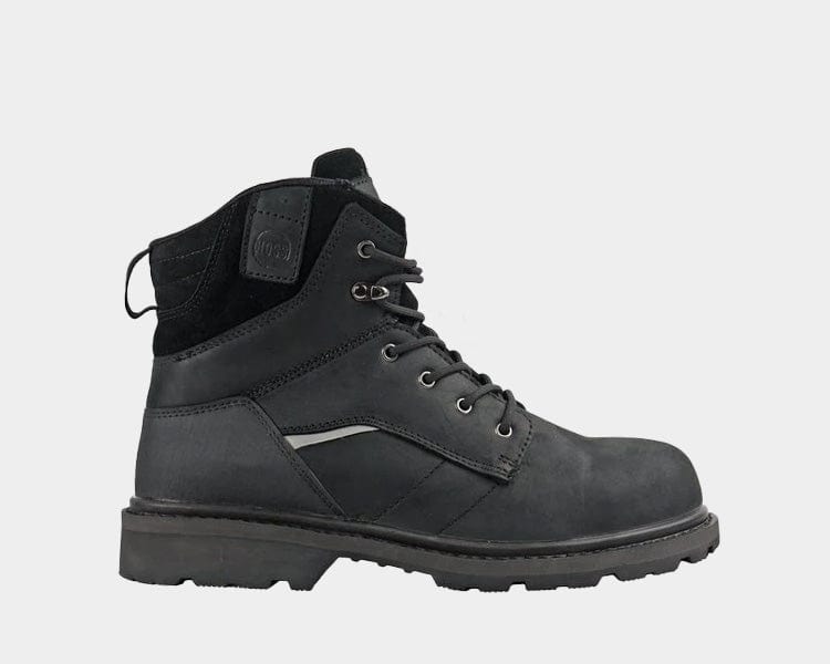 Hoss Carson 6" Composite Toe work boot in black with nubuck leather upper, metal eyelets, padded ankle collar, and durable sole, side view.