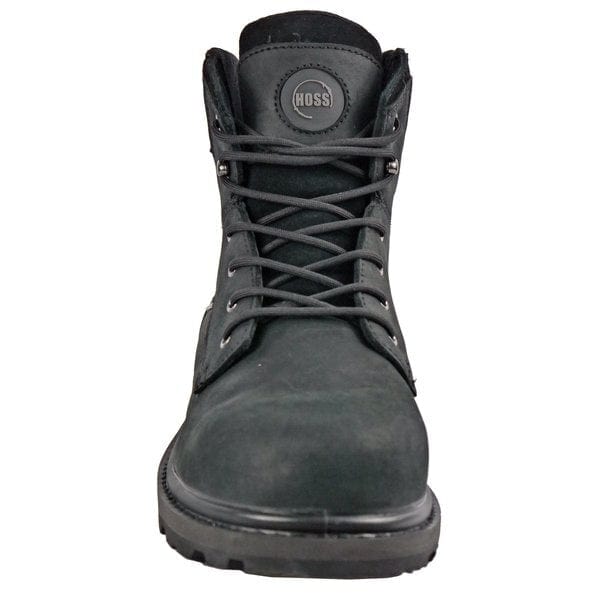 Hoss Carson 6" Composite Toe work boot in black with durable leather upper, composite safety toe, and lace-up closure, front view.