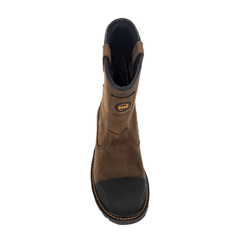 Hoss Cartwright II Wellington Comp Toe Boot in brown leather with black rubber toe cap and reinforced stitching, top view.