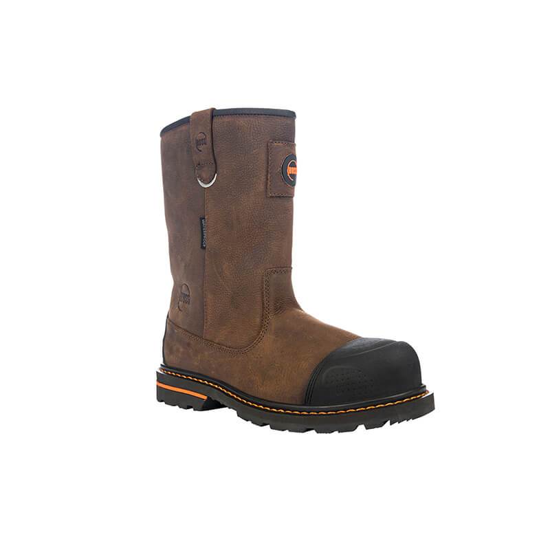 Hoss Cartwright II Wellington Soft Toe work boots in brown leather with black reinforced toe and orange accent stitching, side view.