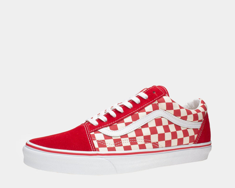 Vans Checkerboard Old Skool sneakers, red suede and cream checkerboard canvas upper with white side stripe, side view.