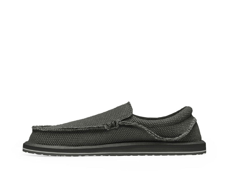 Sanuk Chiba casual shoes with textured black fabric upper, frayed edges, and cushioned sole, side view.
