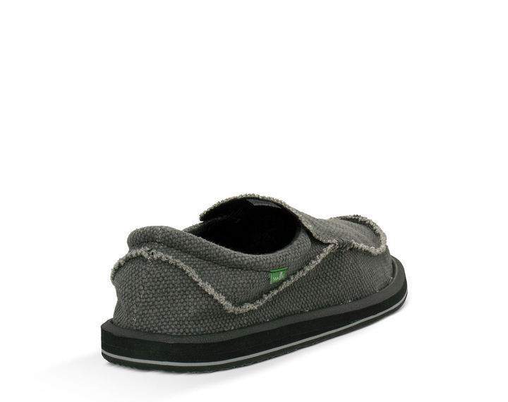 Sanuk Chiba casual shoes in textured gray fabric with frayed edges and black sole, back view.