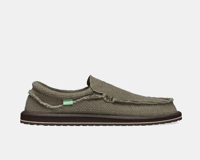 Sanuk Chiba slip-on shoes in olive green with frayed edges, woven textile upper, and cushioned sole, side view.