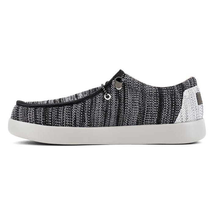 Volcom Chill Composite Toe ESD Slip-On shoes in black and gray textured fabric with white heel accents and slip-on design, side view.