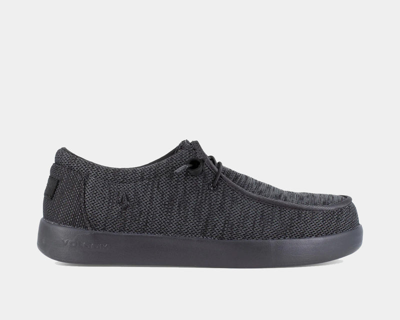 Volcom Chill Composite Toe Slip-On shoes in dark gray with textured mesh upper and durable rubber outsole, side view.