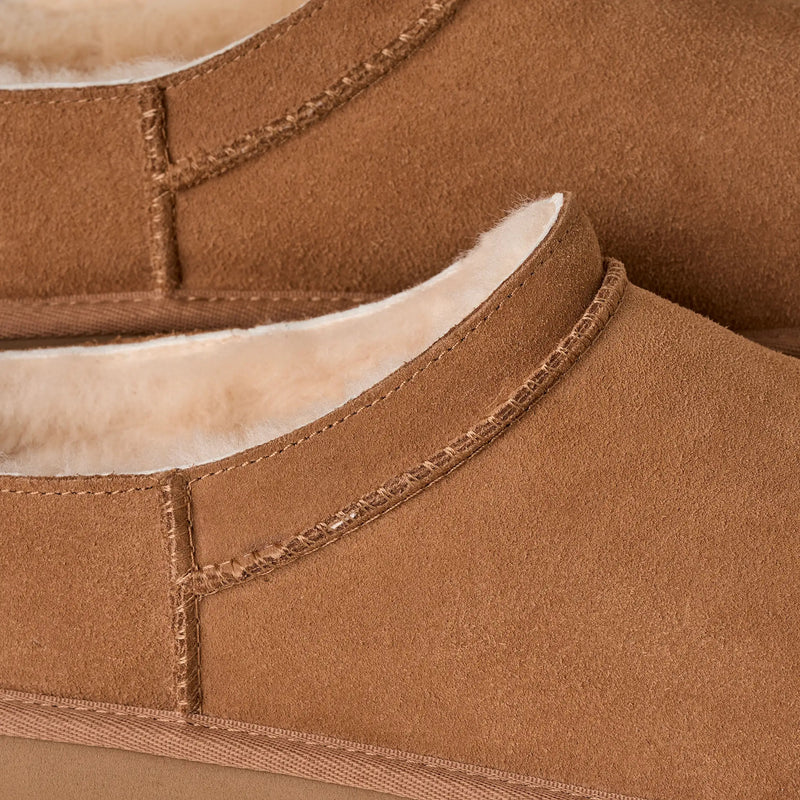 UGG Classic Micro boots in chestnut brown suede with plush shearling lining and reinforced stitching, close-up side view.