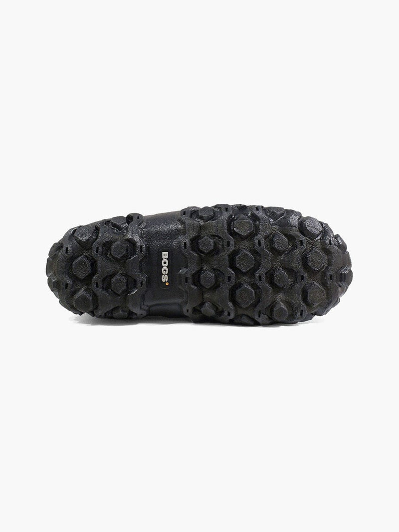 Bogs Classic Mid Boot sole view showing rugged black tread pattern with logo detailing.