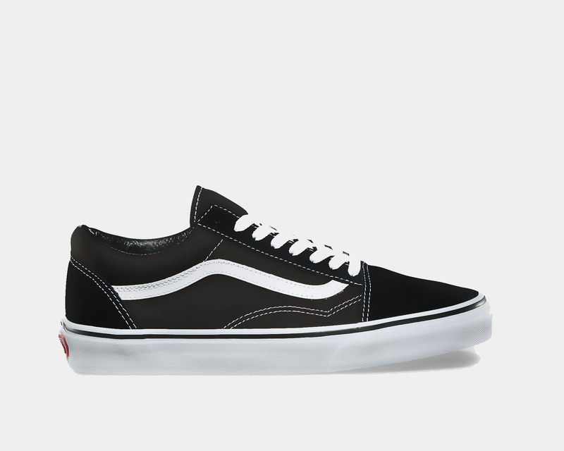 Vans Classic Old Skool sneakers in black canvas and suede with white side stripe, laces, and rubber outsole, side view.
