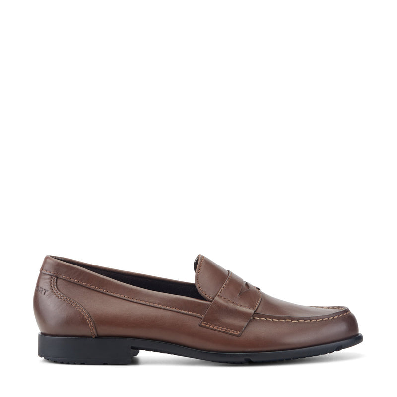 Rockport Classic Penny Loafers in brown leather with stitching details, side view.