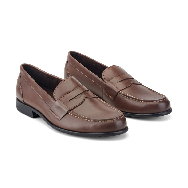Rockport Classic Penny Loafers brown leather with stitched detailing, angled side view.