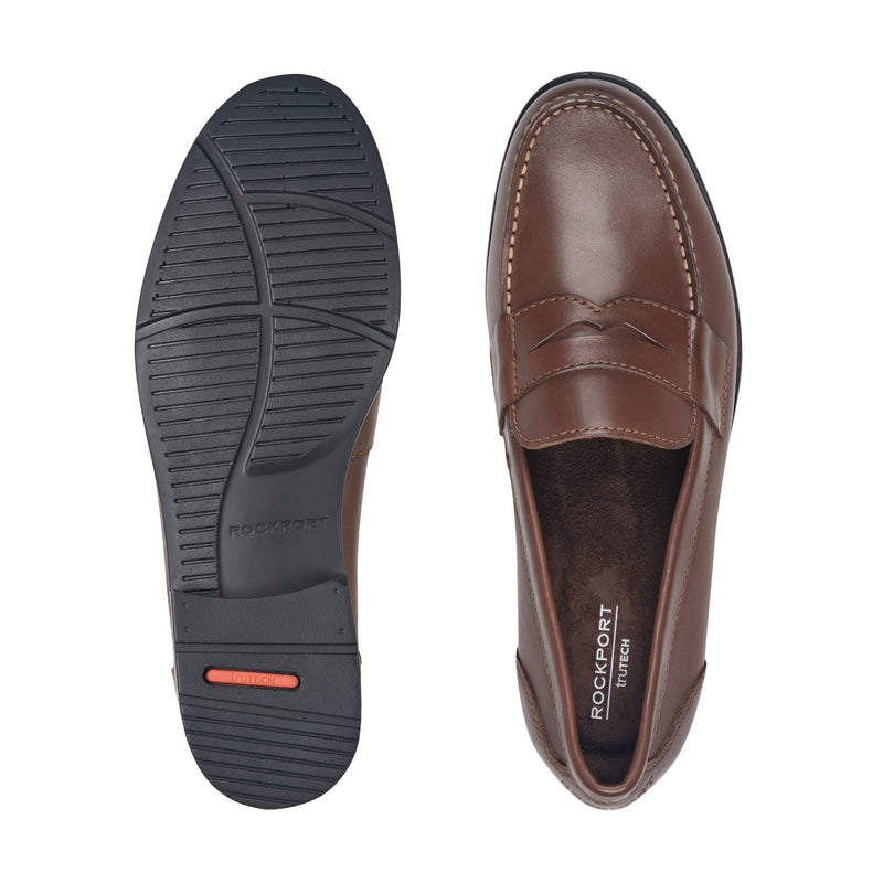 Rockport Classic Penny Loafers in brown leather showing top view and outsole with black rubber grip.