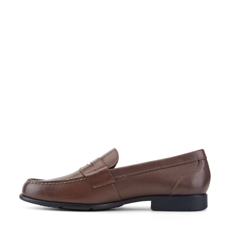 Rockport Classic Penny Loafers in brown leather with stitch detailing, side view.