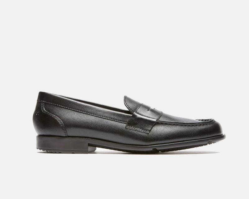Rockport Classic Penny Loafers in black leather with stitched detailing and classic penny strap, side view.
