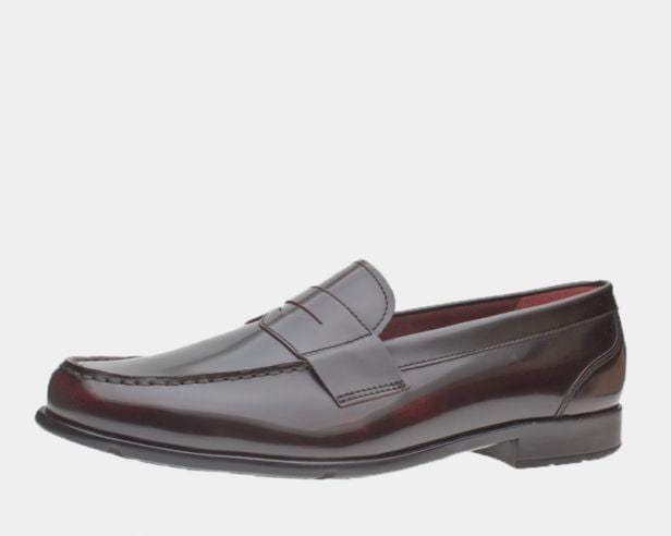 Rockport Classic Penny Loafers in burgundy leather with polished finish and moc toe design, side view.